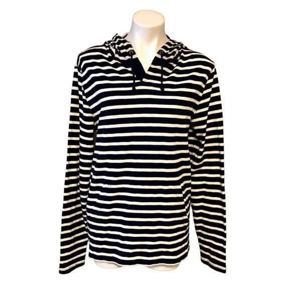 J.CREW Tops - J. Crew Hooded Pullover Small Navy Blue White Stripe Front Pouch Pocket Loose